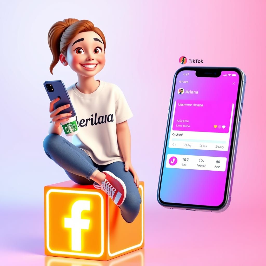 Cheerful Woman on Facebook Box in Pixar Style