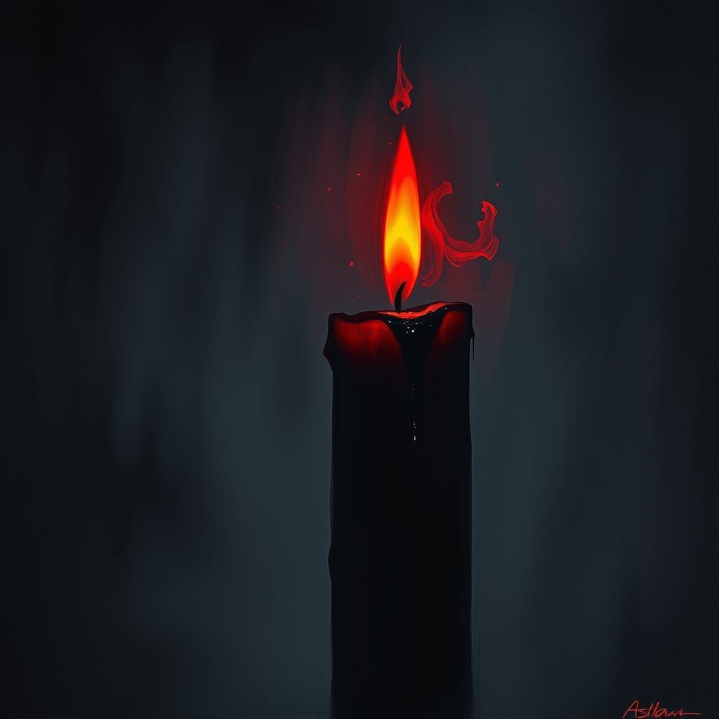 Black Candle with Red Flame in Dark Art Style