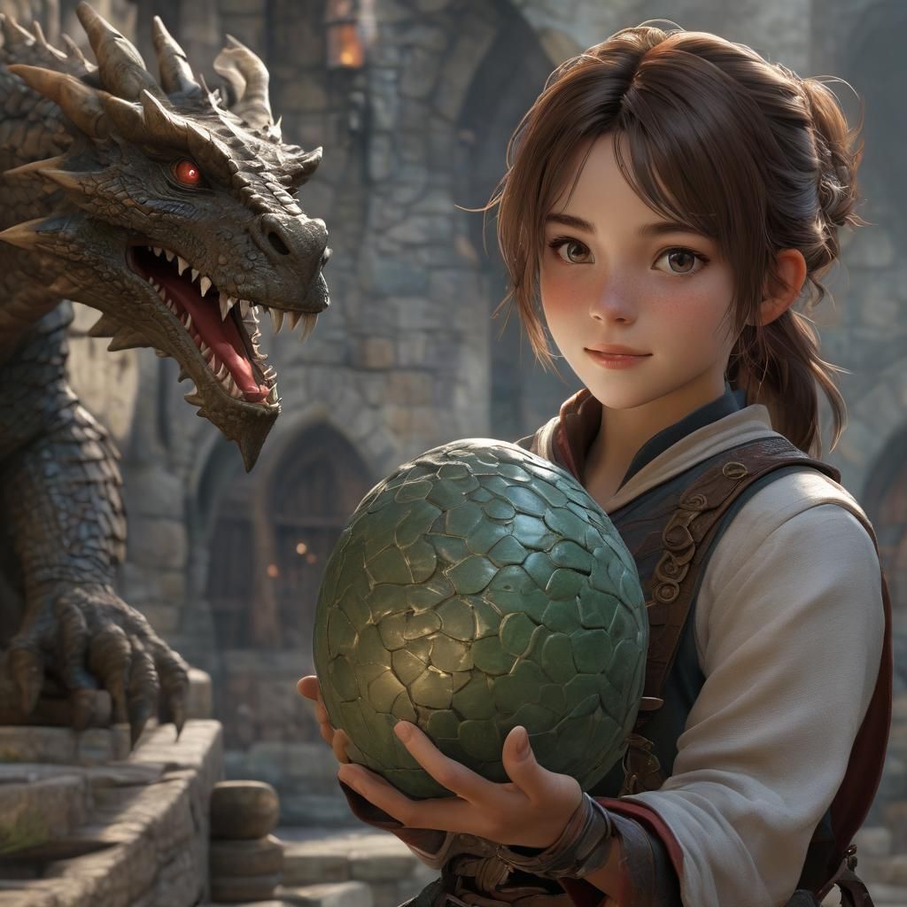 Enthusiastic Young Adventurer with Dragon Egg, in 3D Anime A...