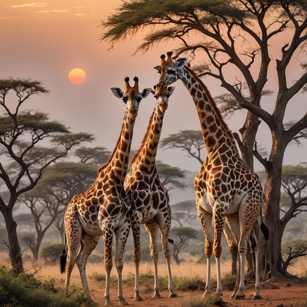 Giraffes Embrace at Sunrise: An Affectionate Moment