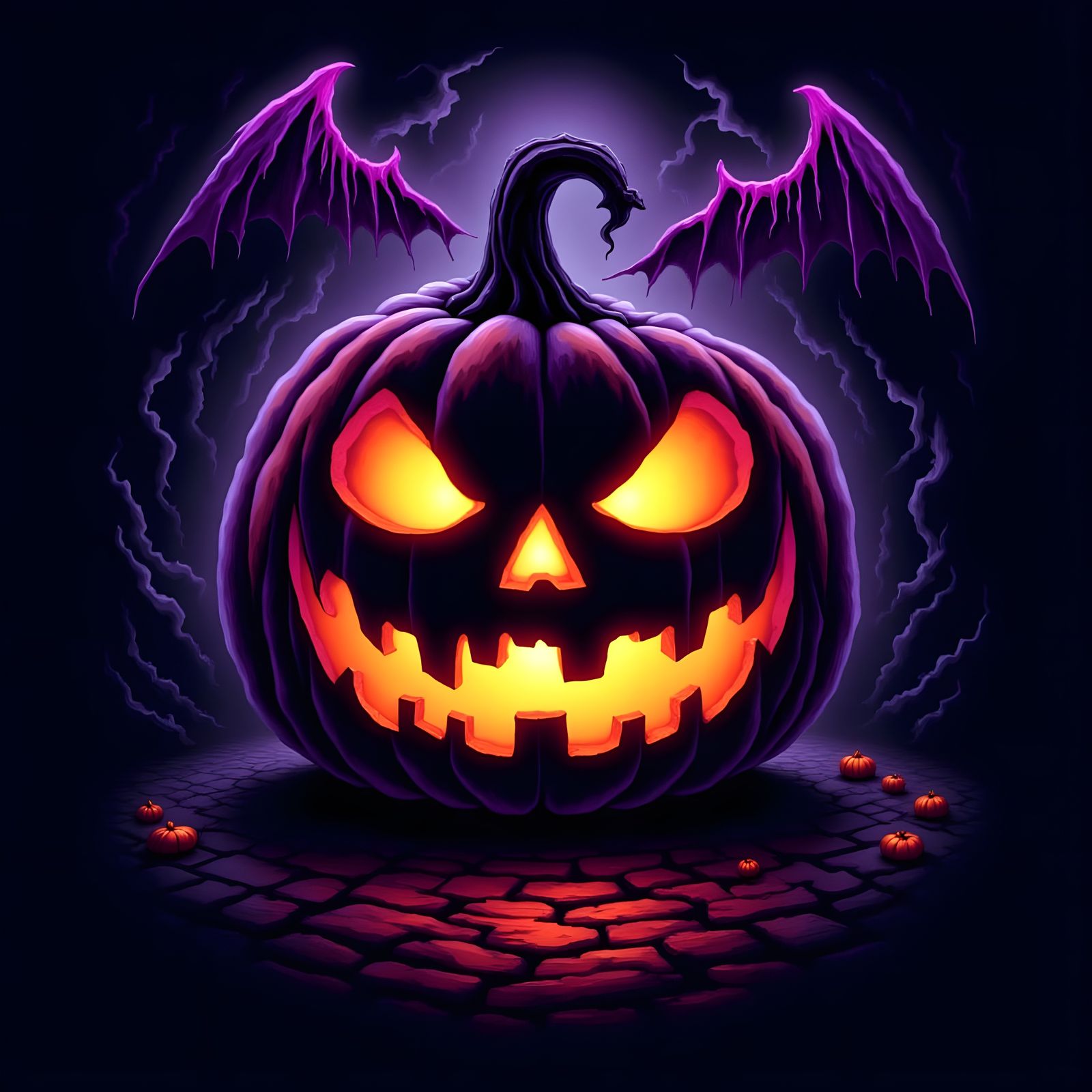 Neon Jack-o'-Lantern with Bats Minimalist Print