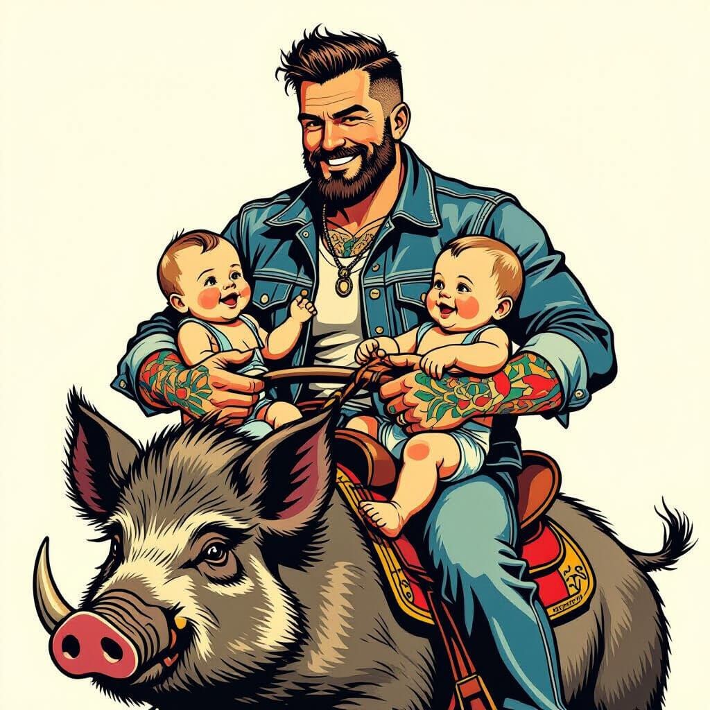 Father Rides Boar in Traditional Tattoo Art Style