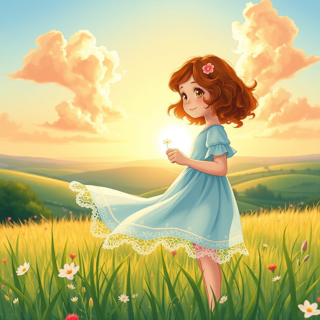 Whimsical Girl in Sunlit Meadow, Ghibli-Inspired Anime
