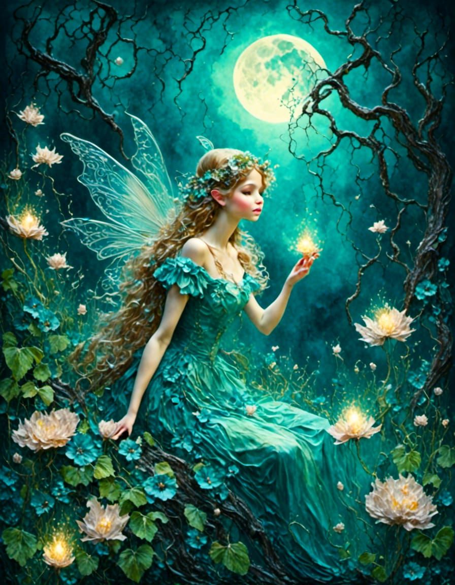 Fairy in Moonlit Garden as Impasto Painting