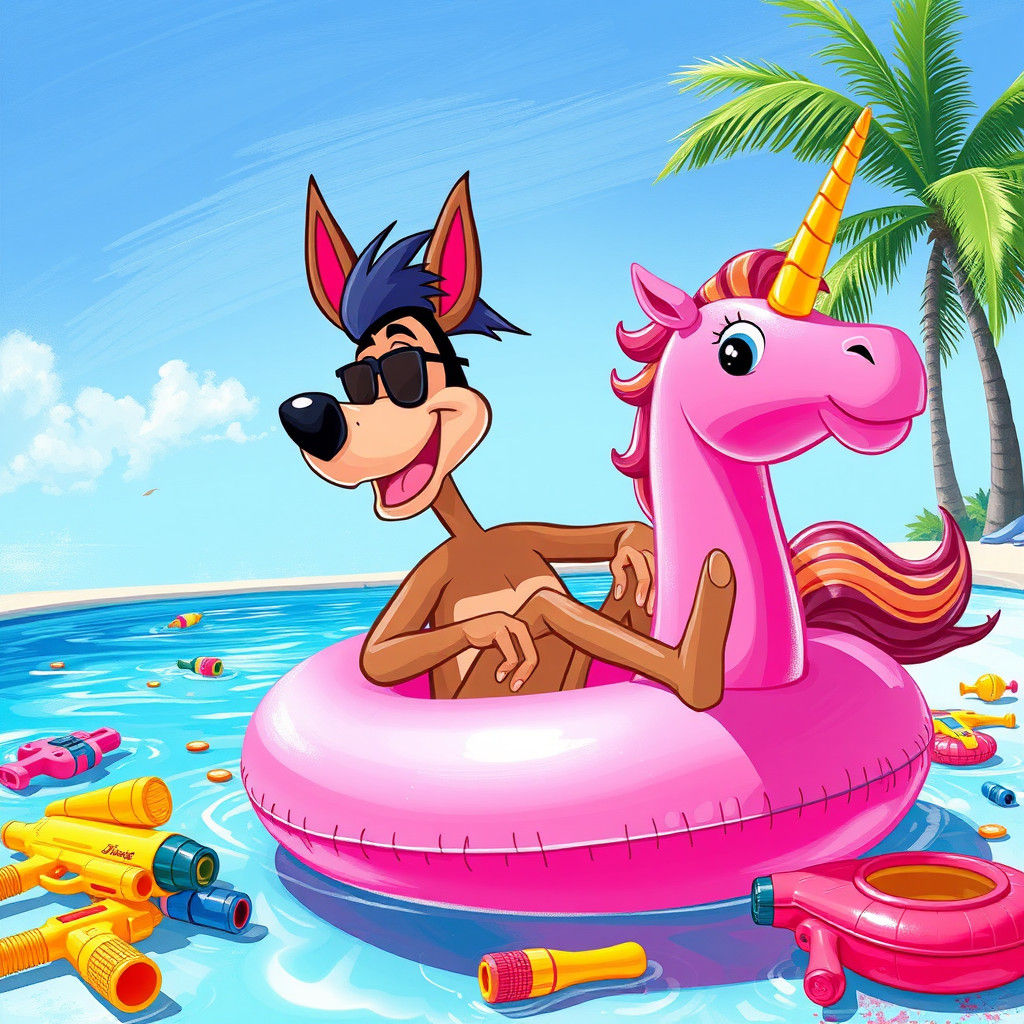 Jinx Lounging on Unicorn Float, Summer Art