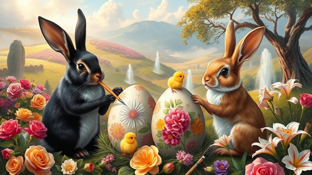 Rabbits Painting Easter Eggs in Fantasy Landscape