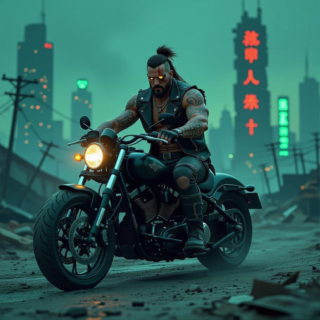 Post-Apocalyptic Biker in Wasteland Landscape