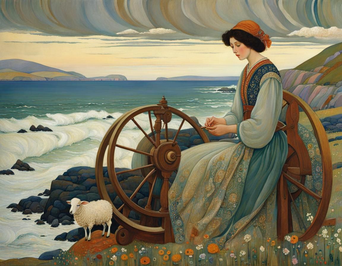 Woman Spinning Wool on Coast in Klimt Style