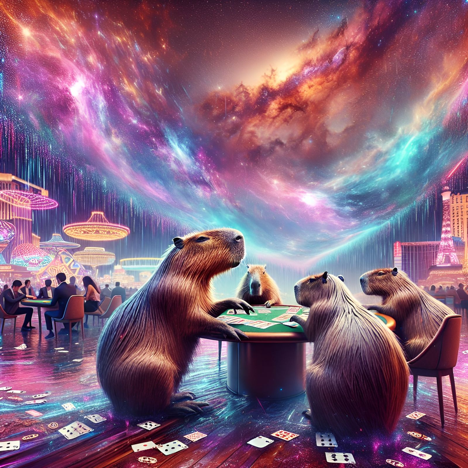 Capybaras Play Cards in Cosmic Las Vegas