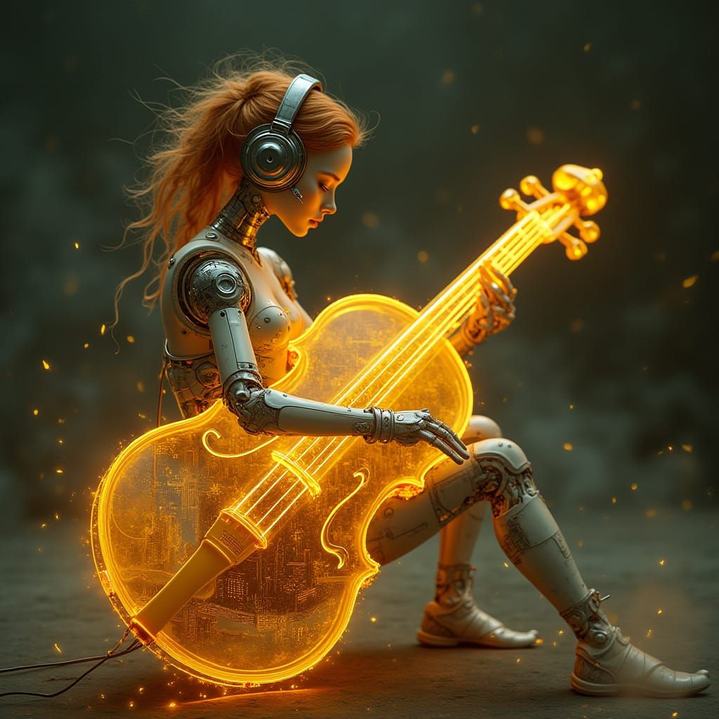 Cyborg on Luminous Violin in Steampunk Fantasy Style