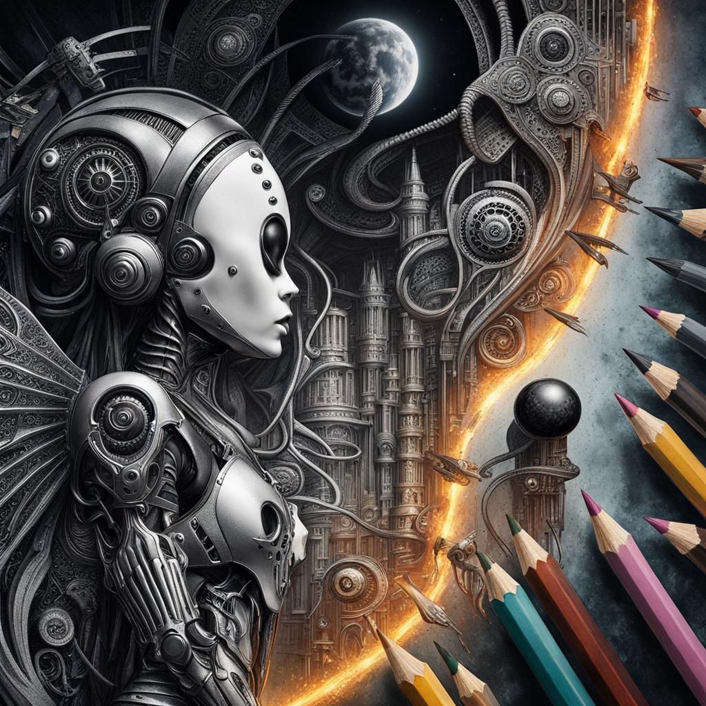 Gothic Woman in Pain: Surreal Crayon Drawing