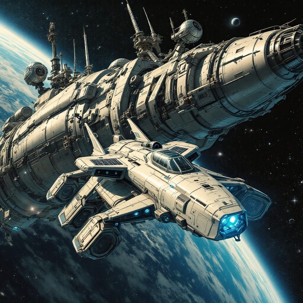 Sci-Fi Spacecraft Docked to Futuristic Space Station in Grit...