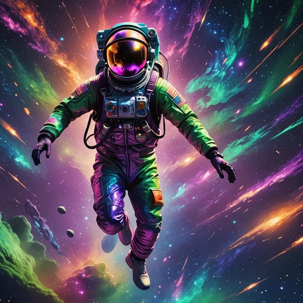 Fox in Neon Jumpsuit Flying in Space
