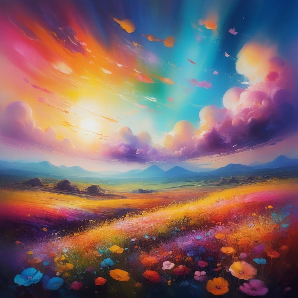 Vibrant Sunrise Landscape with Blooming Flowers from Rainbow...