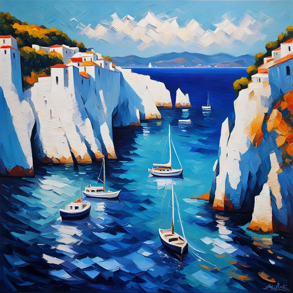 Greek Seaside Painting in Expressionist Style