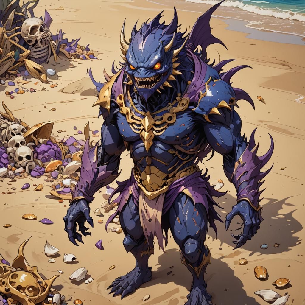 Anime Fish Demon on Beach with Golden Sand