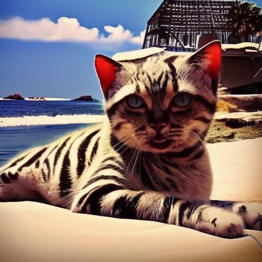 Cute Brindle Kitten Relaxing on Beach