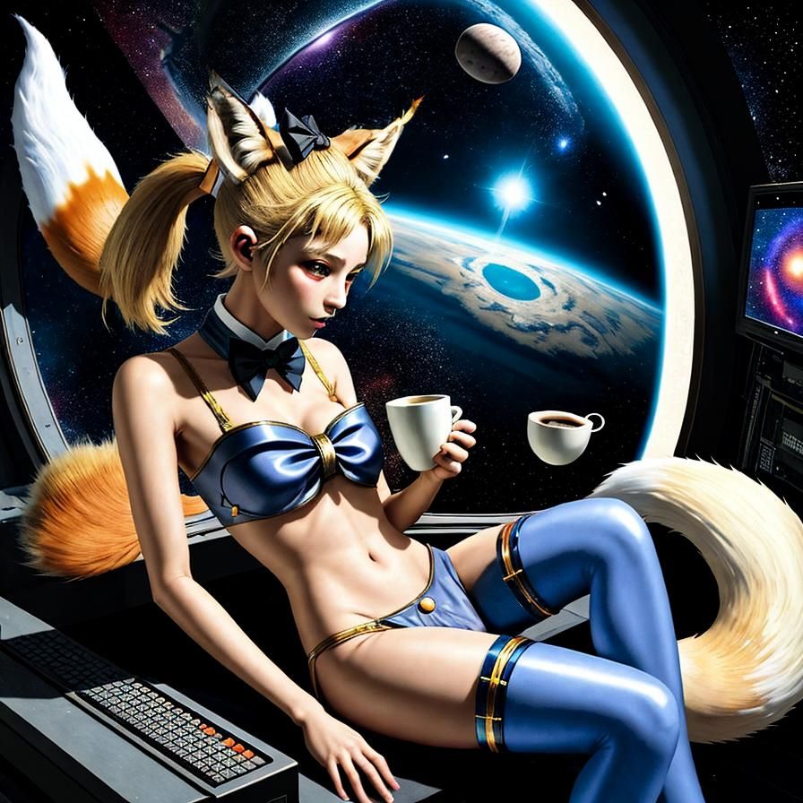 Kitsune Girl in Retro Space Bar, Retrofuturism Style