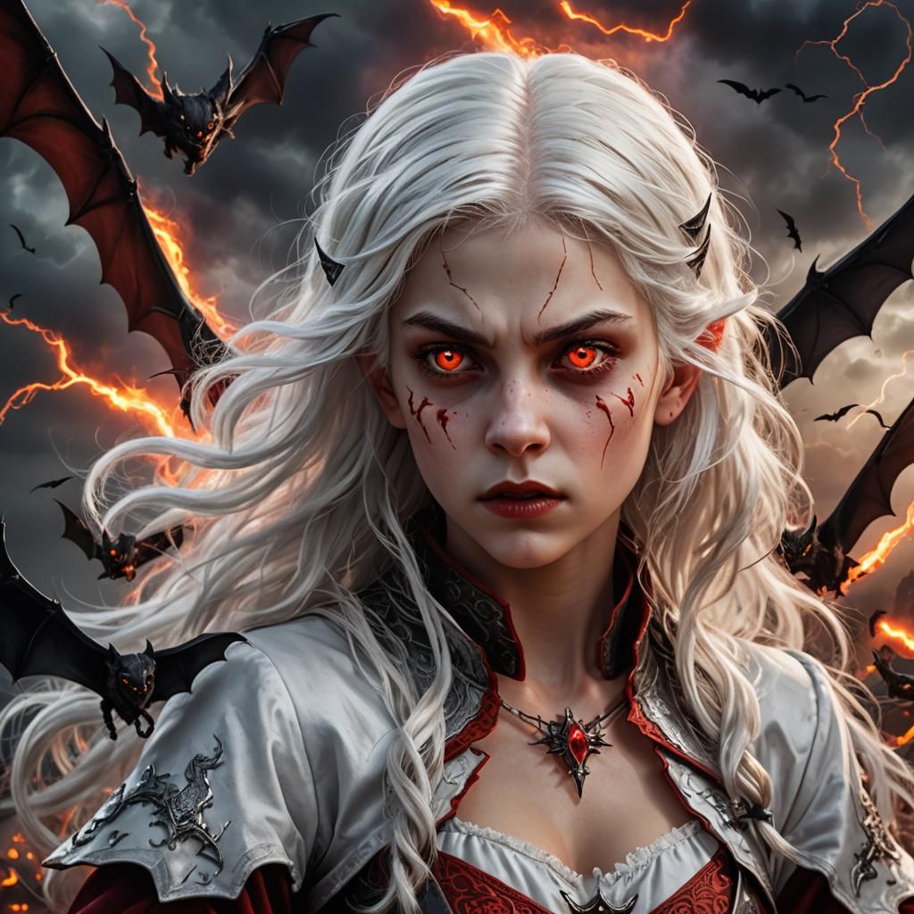 Fiery Vampire Child in a Dramatic Landscape