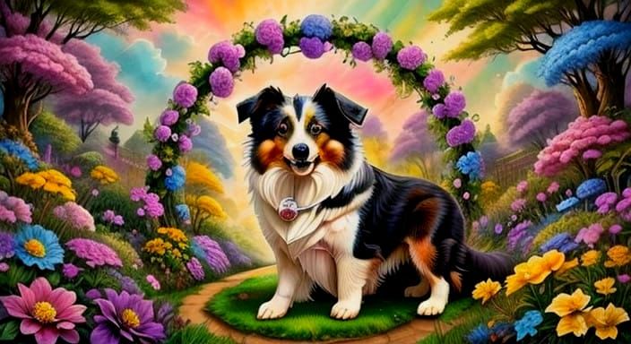 Whimsical Collie in a Vibrant Spiral Garden