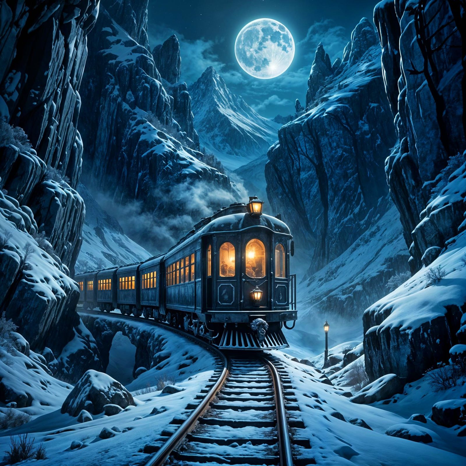 Gothic Fantasy Train on Moonlit Snowy Track