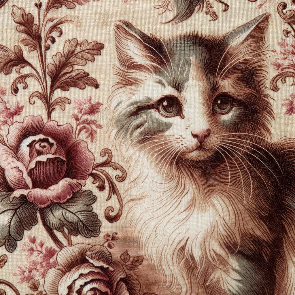 Antique French Toile de Jouy Fabric with Cats