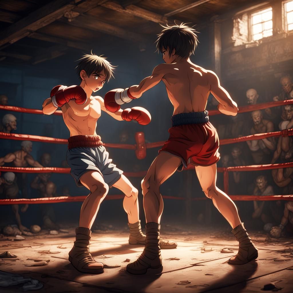 Anime Boxing Match in Basement: Detailed Matte Painting