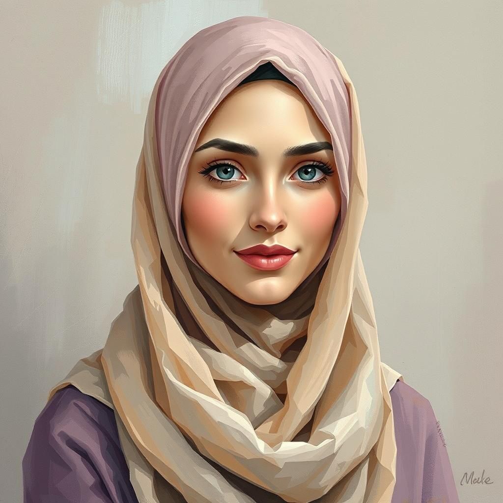 Beautiful Hijabi Woman Portrait in Gouache Style