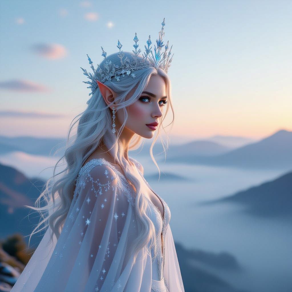 Ethereal Elf Queen in Starlight Amidst Misty Dawn