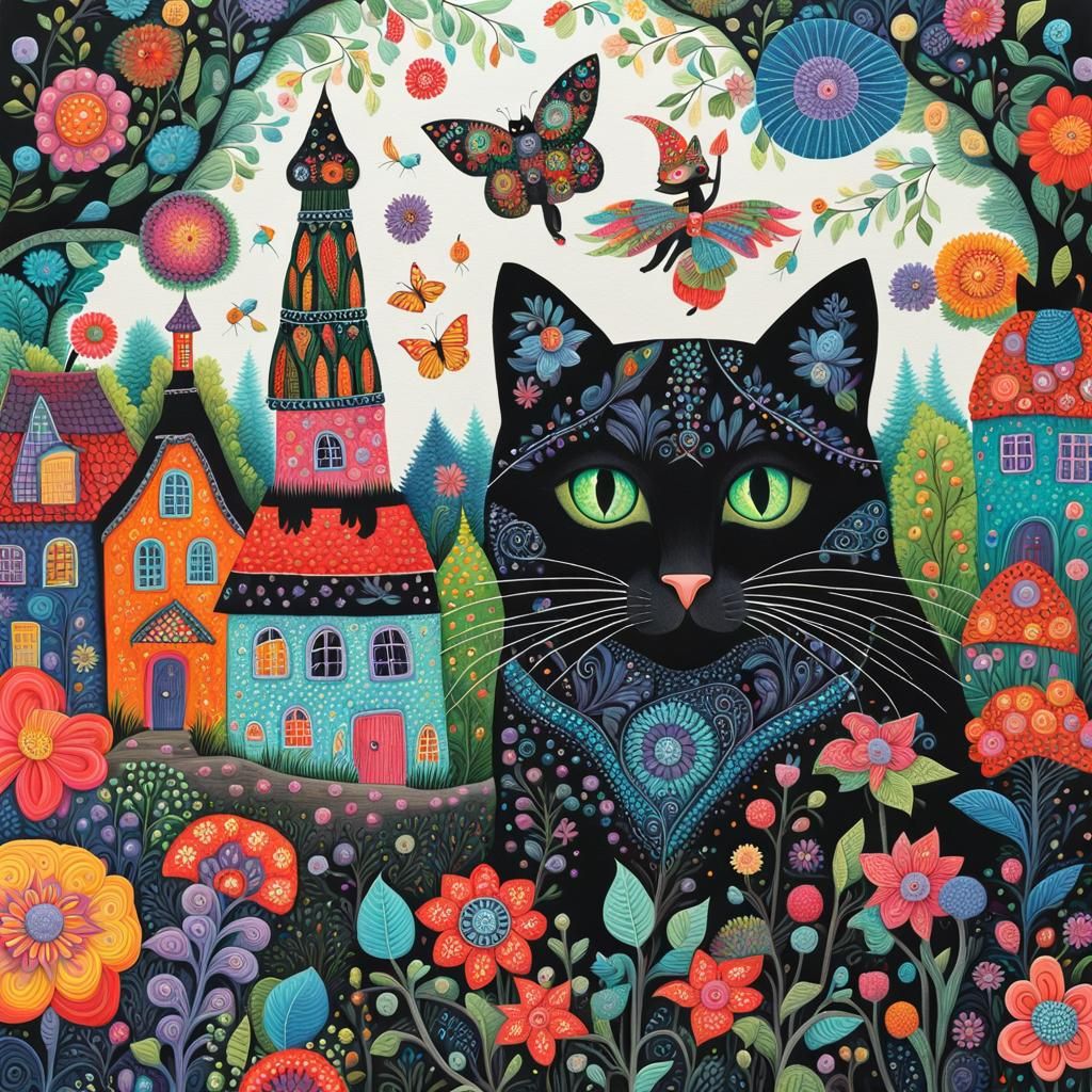 Black Cat in Enchanting Village: Naive Zentangle Art