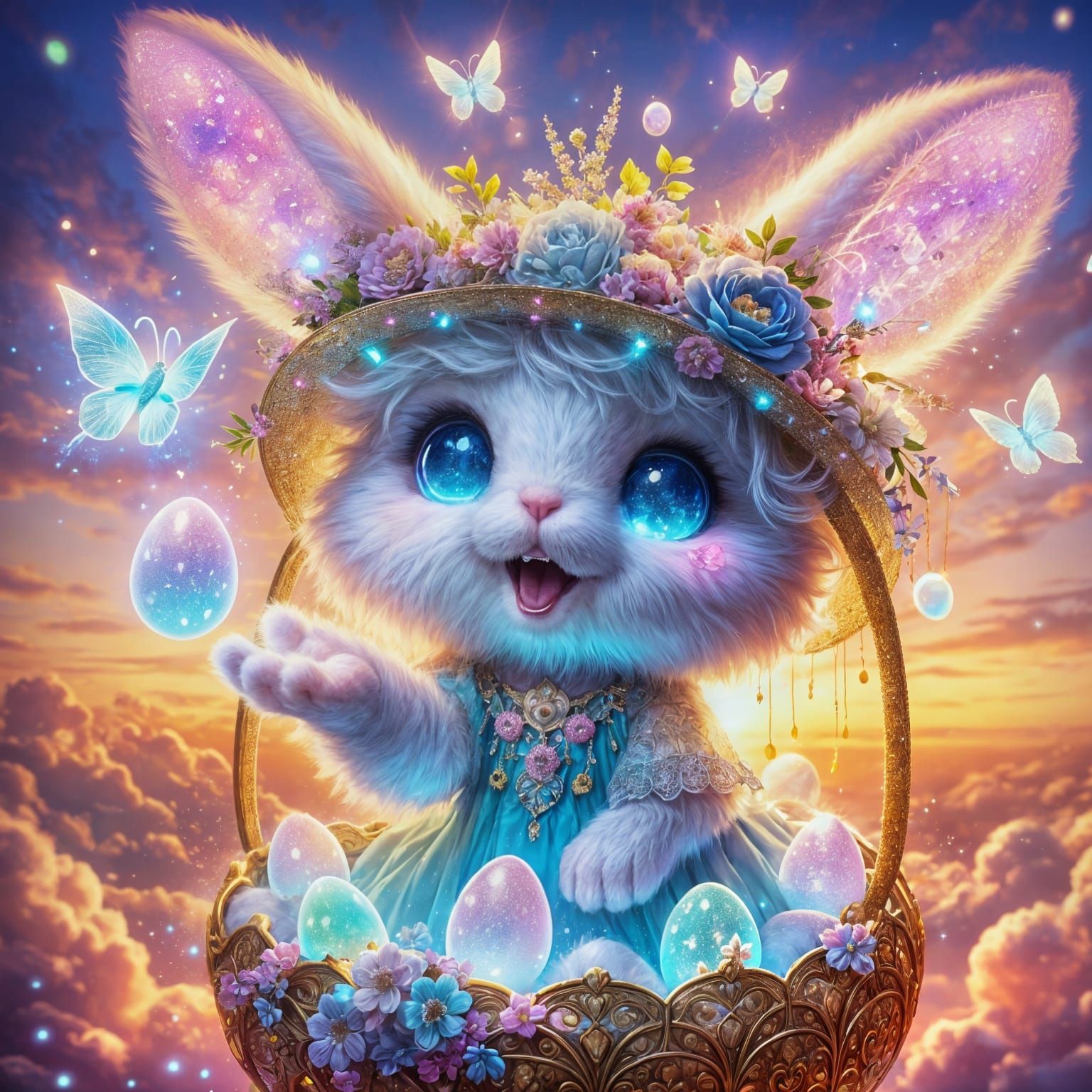 Fluffy White Rabbit in Pastel Paradise