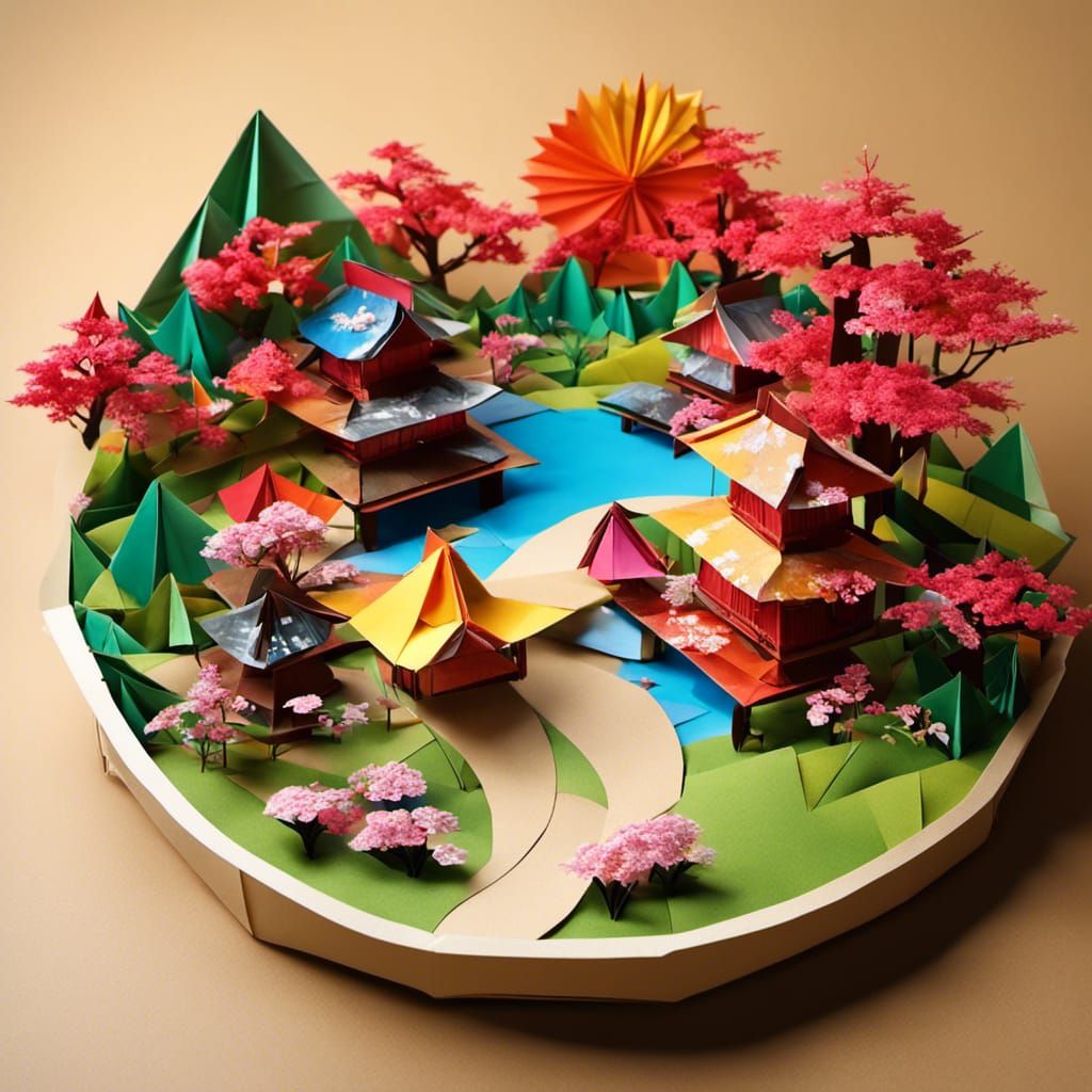 Origami Japanese Village with Garden in 3D Shading