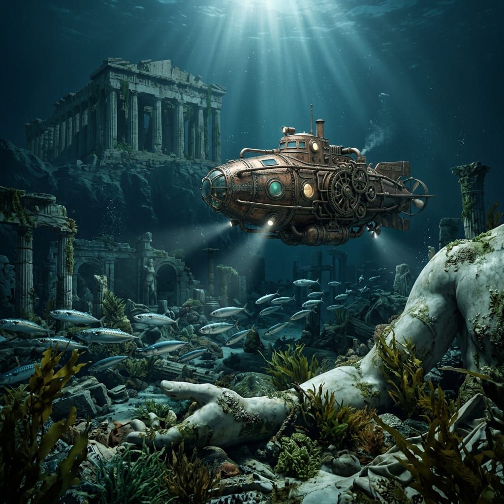 Steampunk Submarine Explores Underwater Ruins