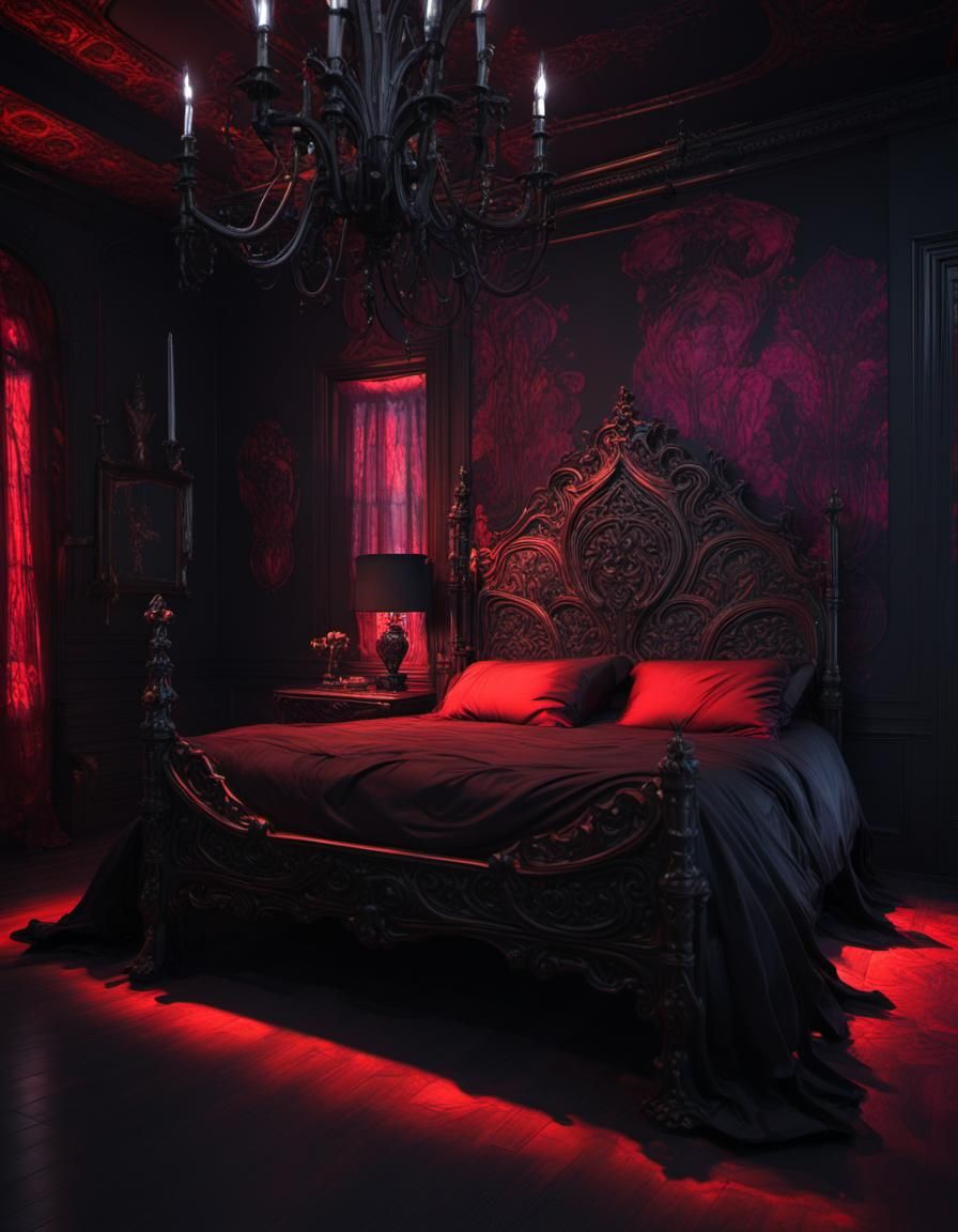 Gothic bedroom with black walls and black gothic bed& hyperdetailed intricately detailed trending on Artstation volumetr...