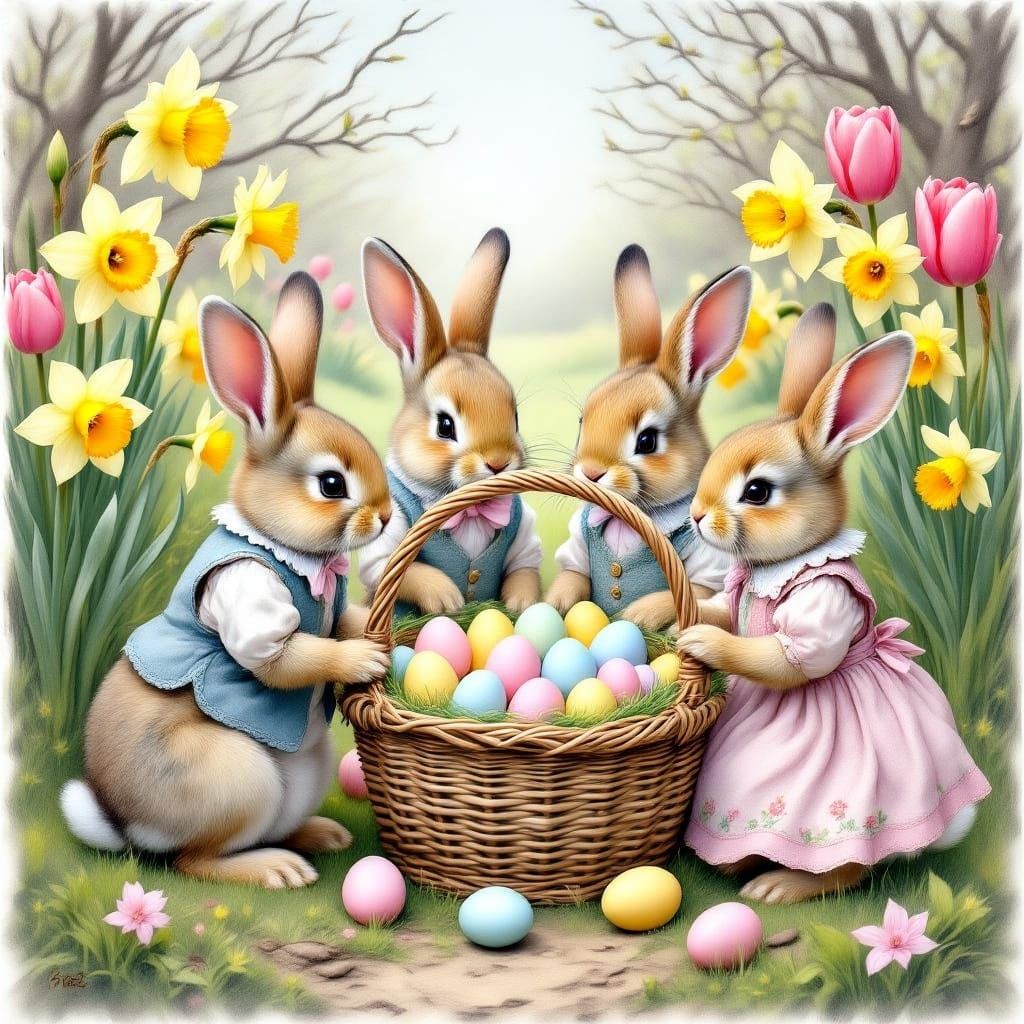Whimsical Family of Rabbits Gather Around Easter Basket