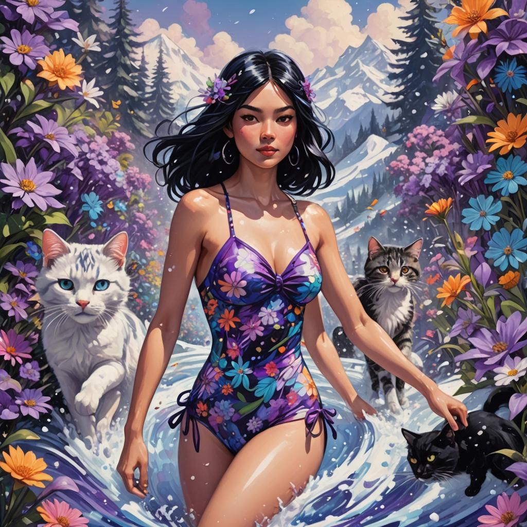Girl Skiing with Cat in Fantasy Oil Painting