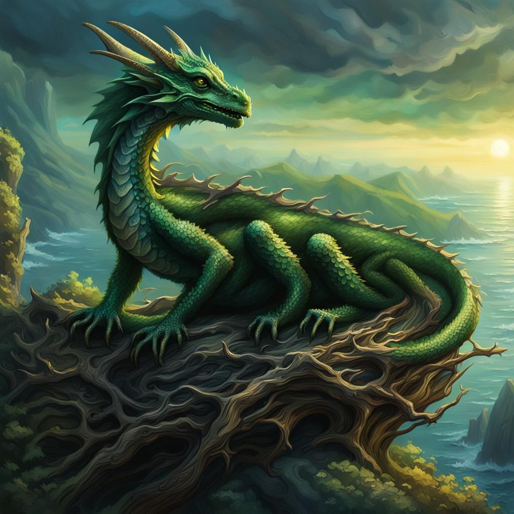 Green Dragon on Cliff in Dark Fantasy Style