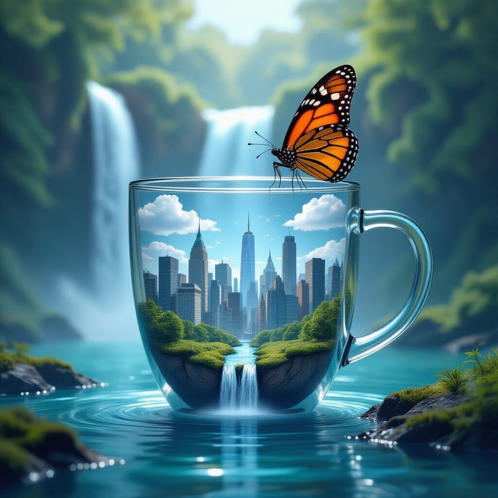 City in a Cup with Butterfly, 3D Render
