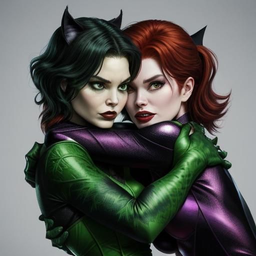 Catwoman and Poison Ivy Hugging Affectionately
