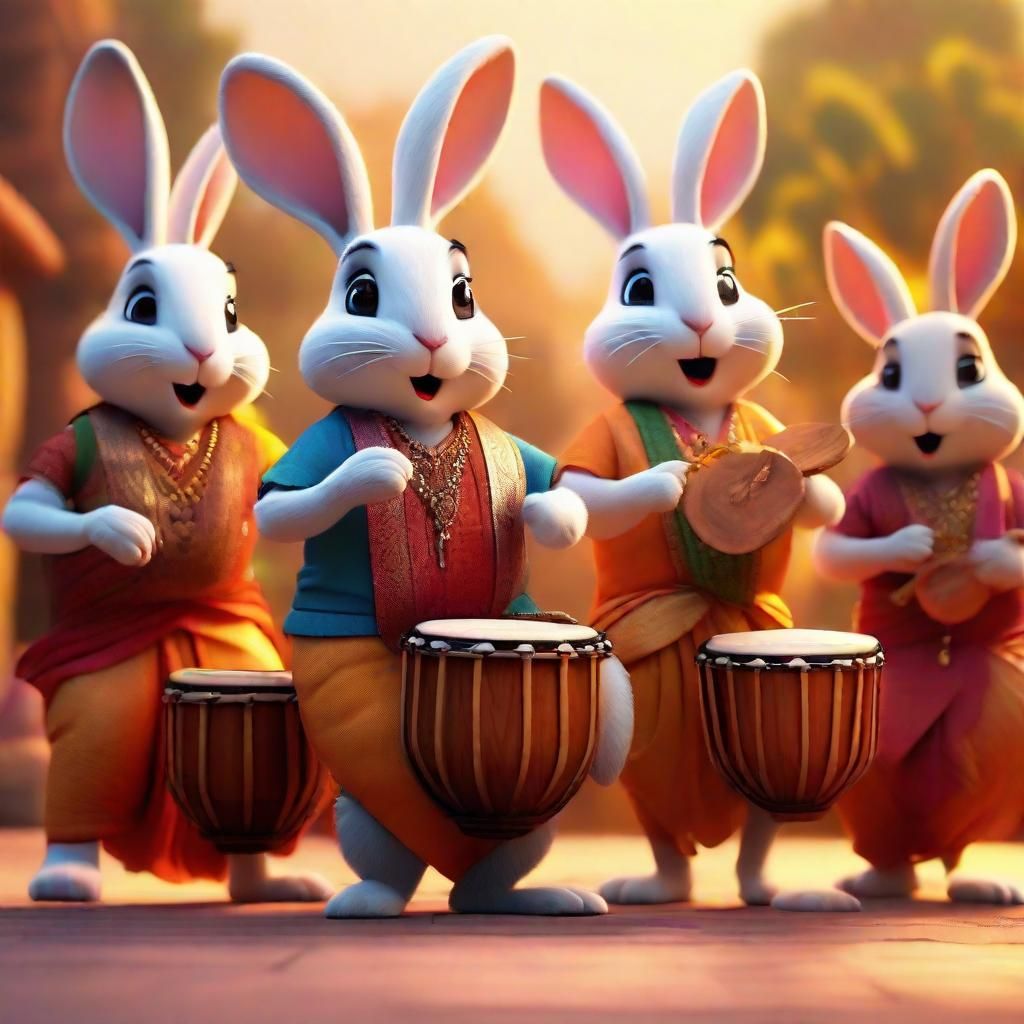 Rabbit Musicians in a Whimsical 3D Render