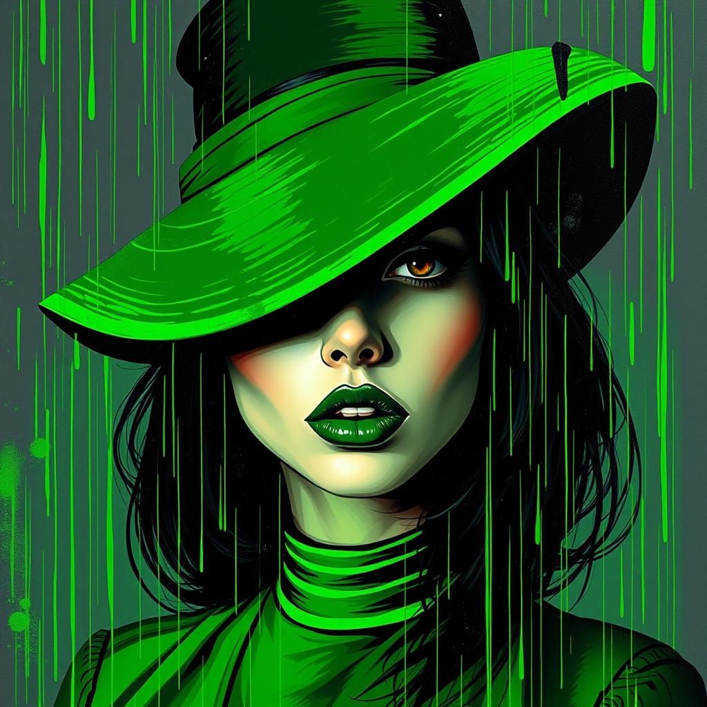 Green Lady in Rain, Graffiti and Splash Art