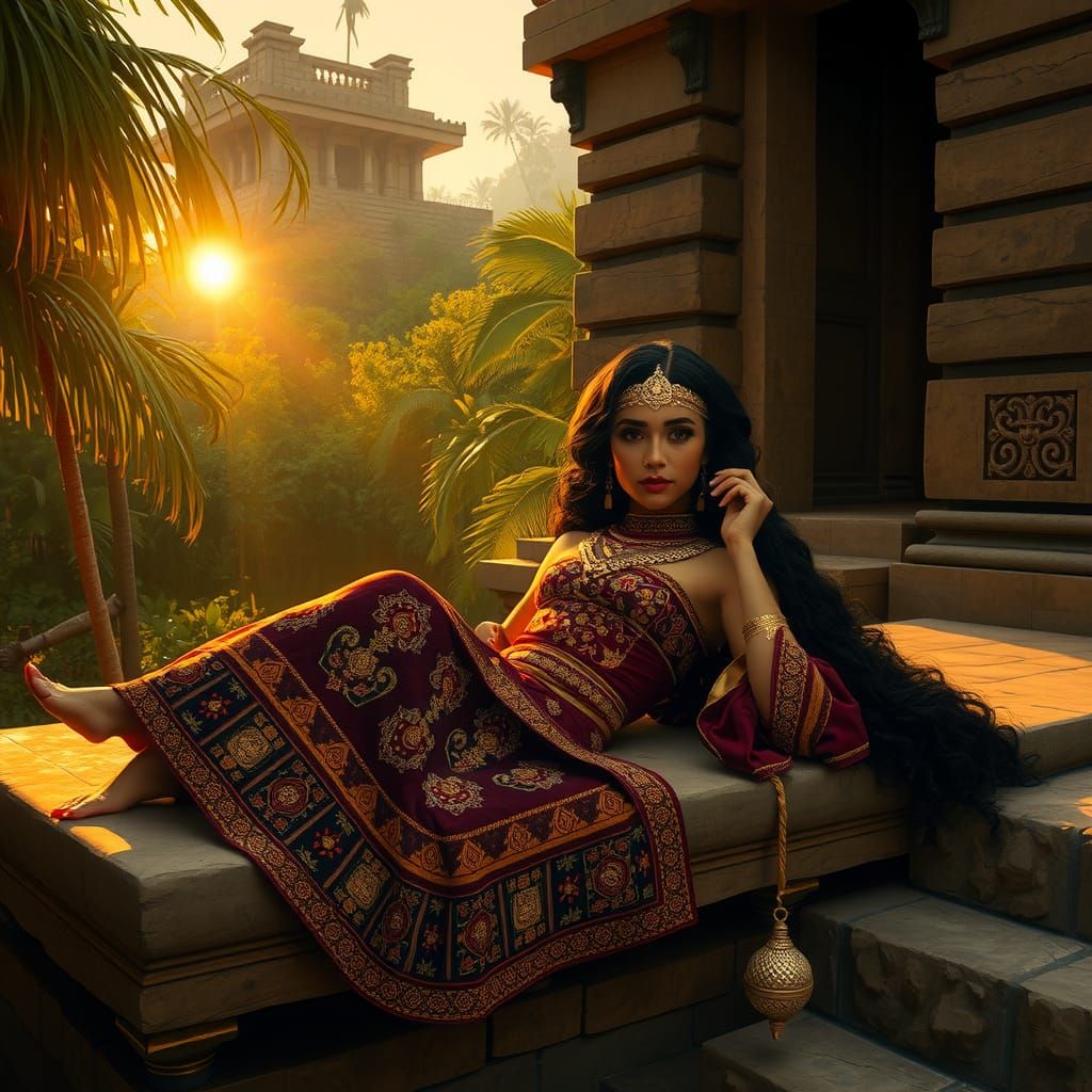 Aztec Temple: Woman on Sacrificial Stone Bench