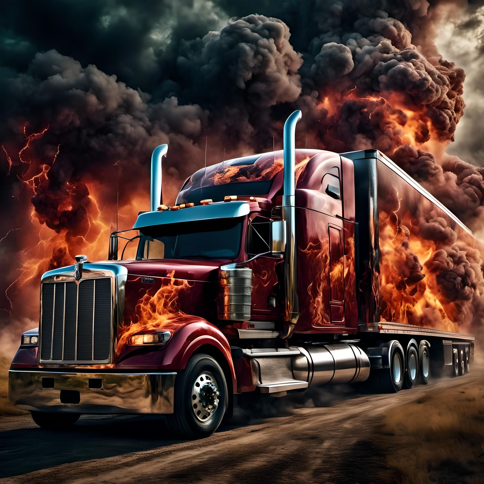 Fiery Thunderstorm Tornadoes Semi Truck Trailer in HDR