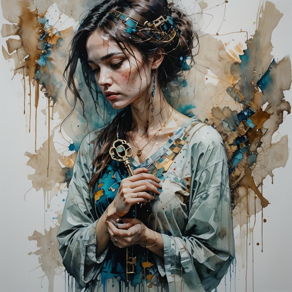 Heart Key Surreal Portrait as Alcohol Ink Art