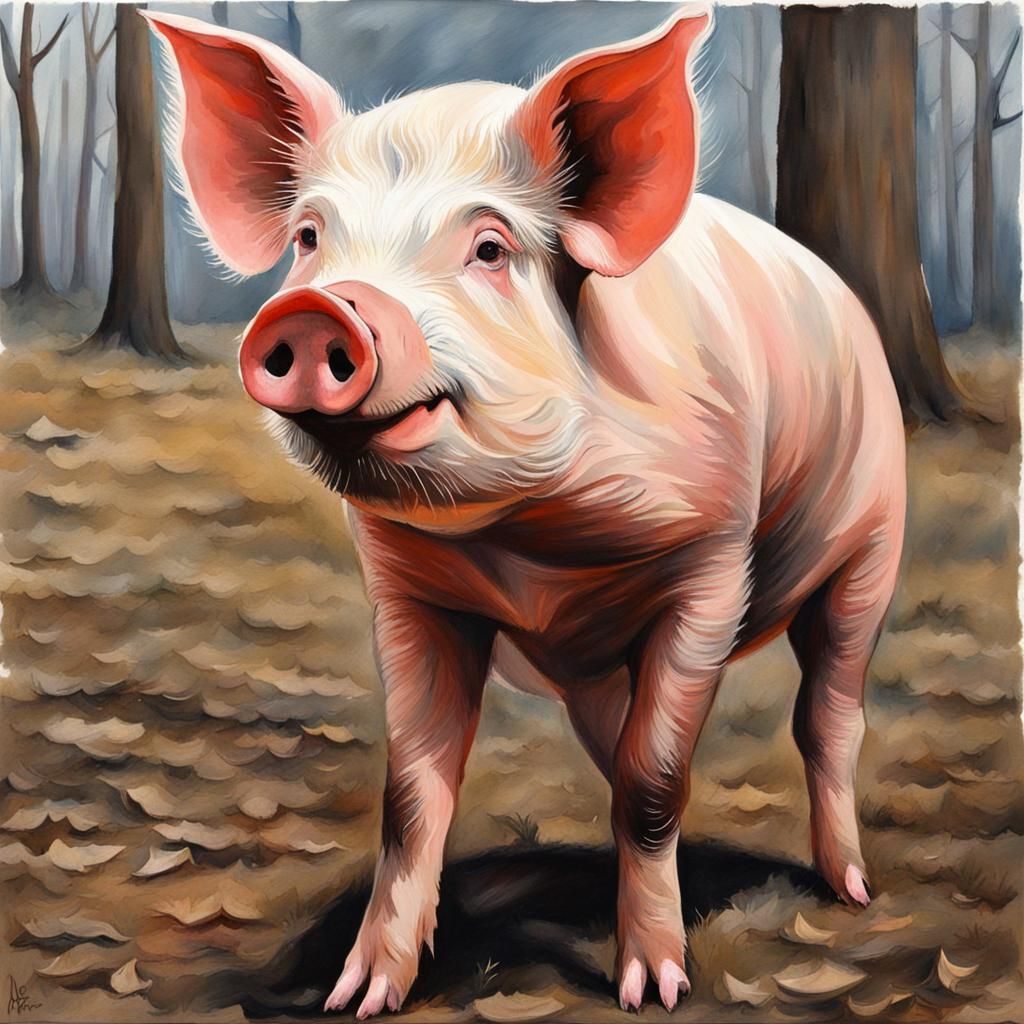 Detailed Gouache Painting of a Pig