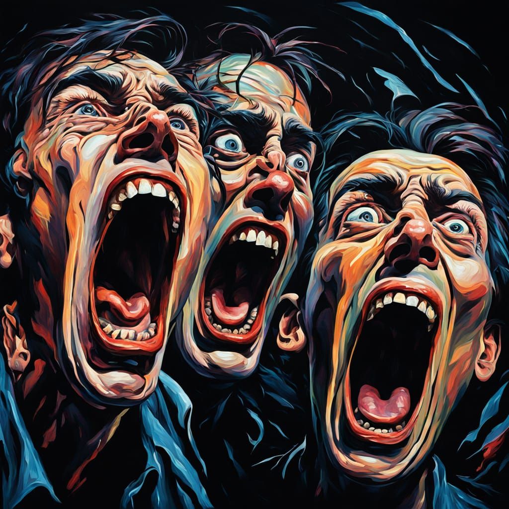 Surreal Close-Up of Screaming Faces in Expressionist Paintin...