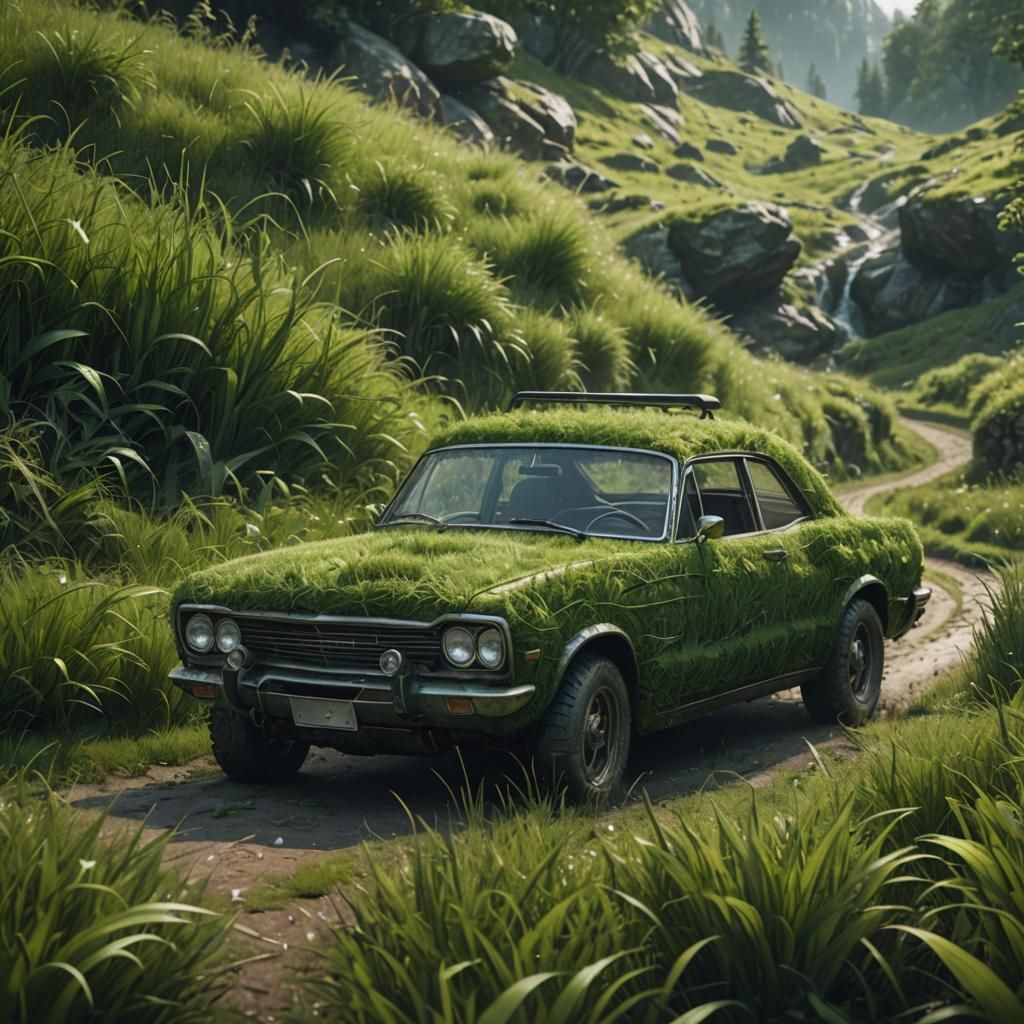 Grass Car on Grassy Trail: Fantasy Concept Art