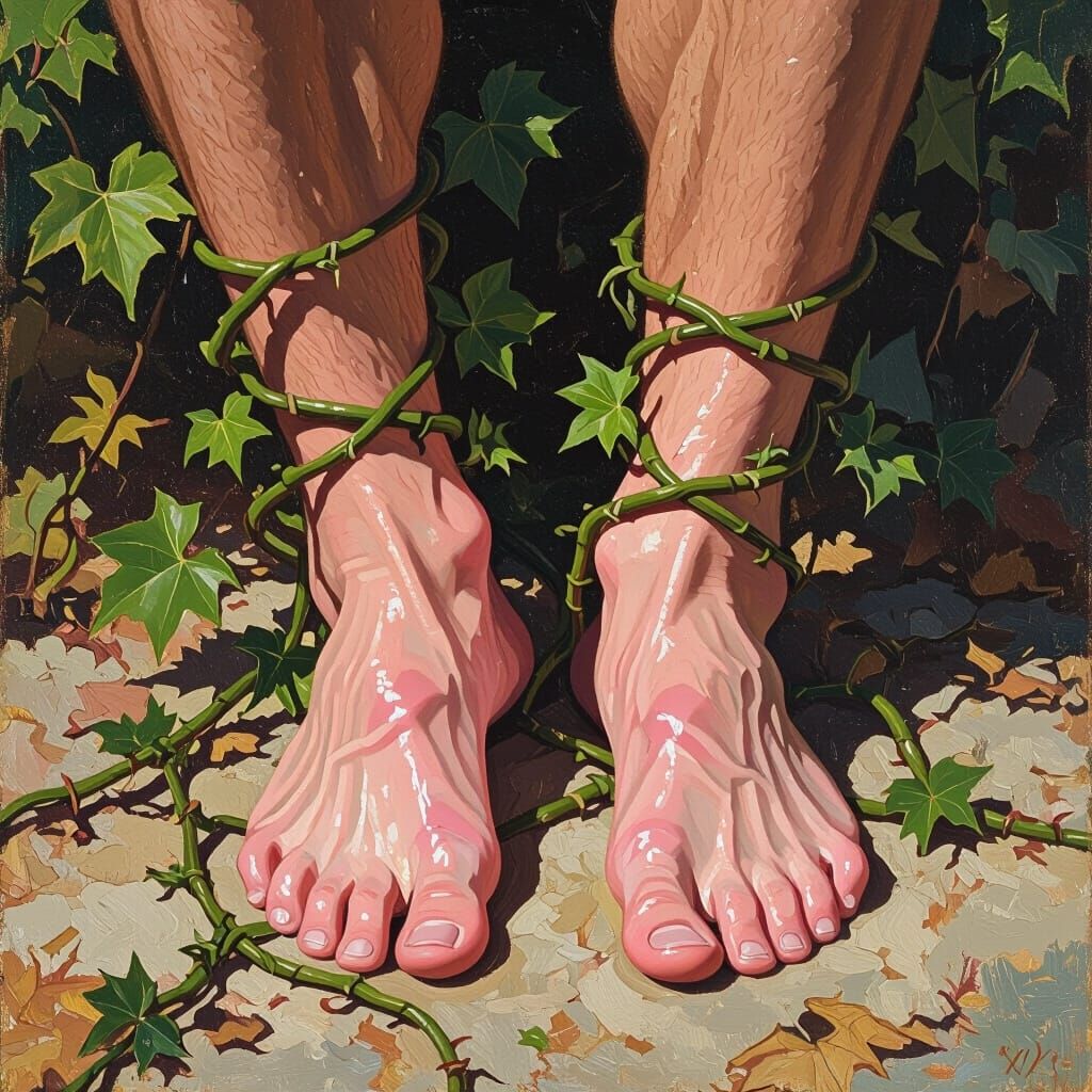 Athlete's Bare Feet Tickled by Vines in Pastoral Style