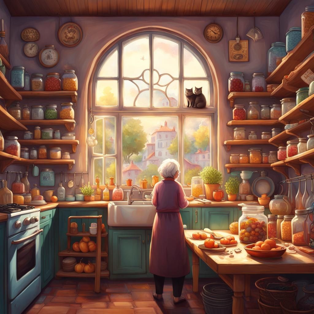 Cozy Kitchen with Arched Window, Hyperrealistic Style