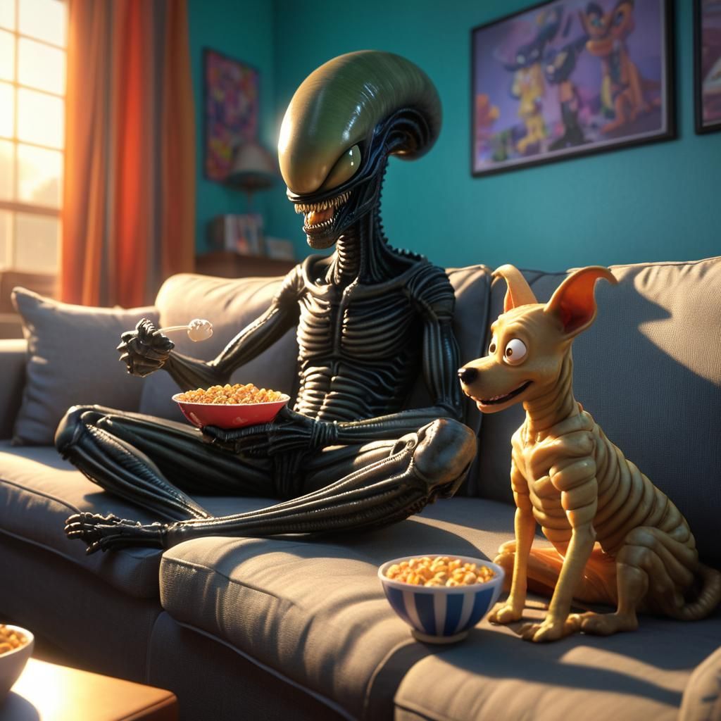 Xenomorph in Pajamas Watching Cartoons: 3D Digital Art